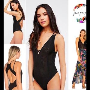 New Free People Crochet Lace Mesh V-neck Bodysuit